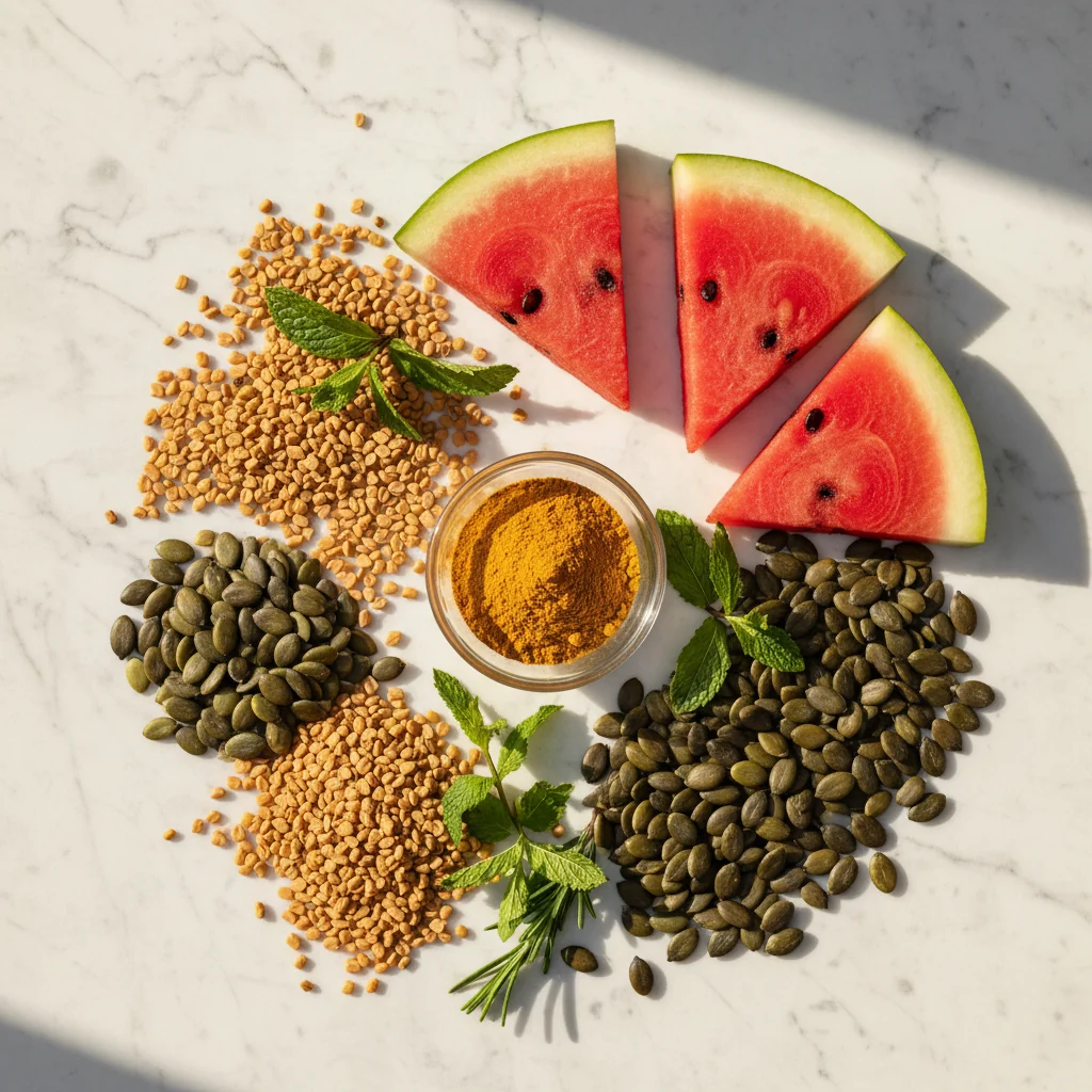 Natural botanical ingredients including fenugreek seeds, watermelon and pumpkin seeds - core components of the Hardero formulation