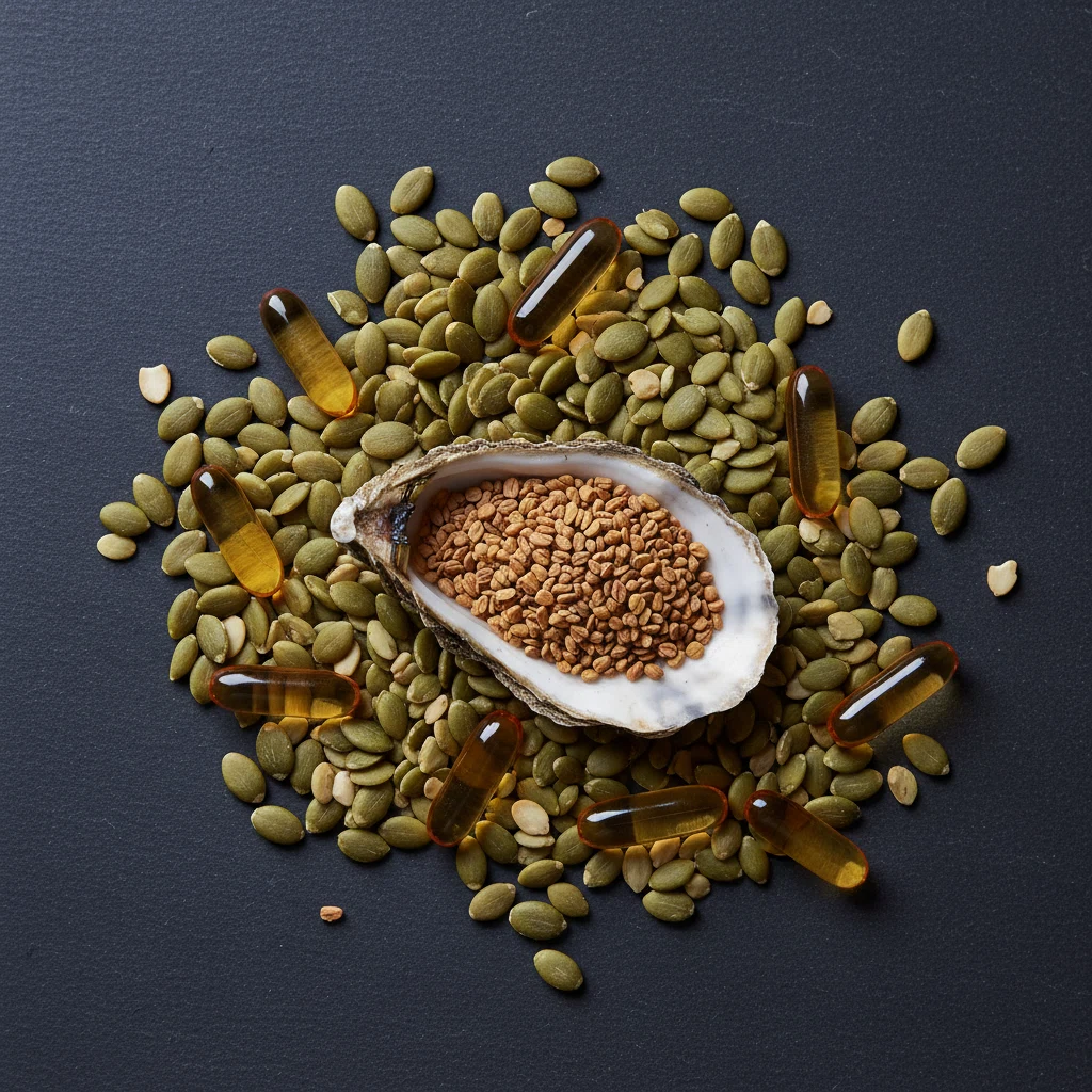 Zinc-rich foods: pumpkin seeds, oyster shell detail and amber supplement capsules on dark slate