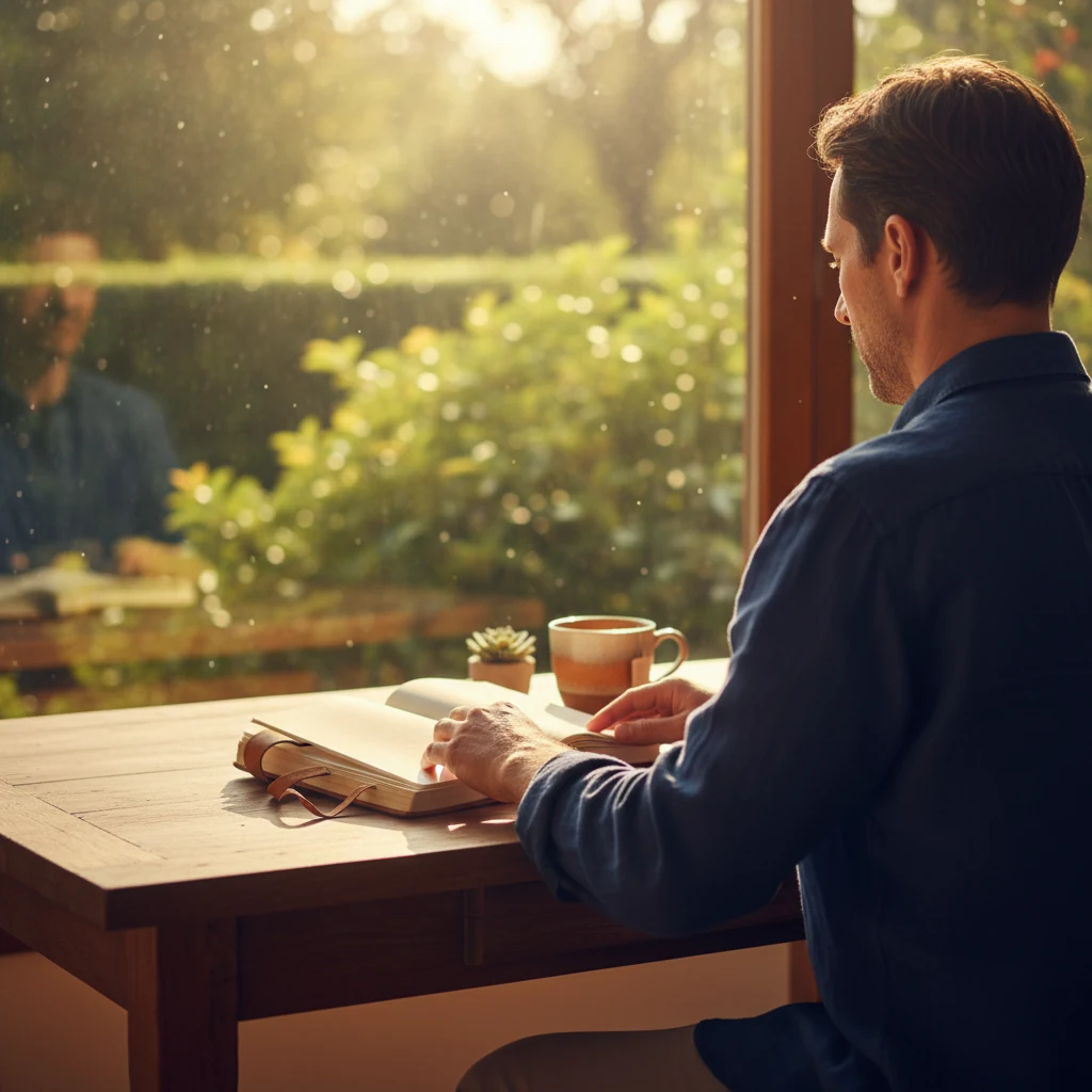 Editorial workspace - a person at a desk reviewing wellness research materials
