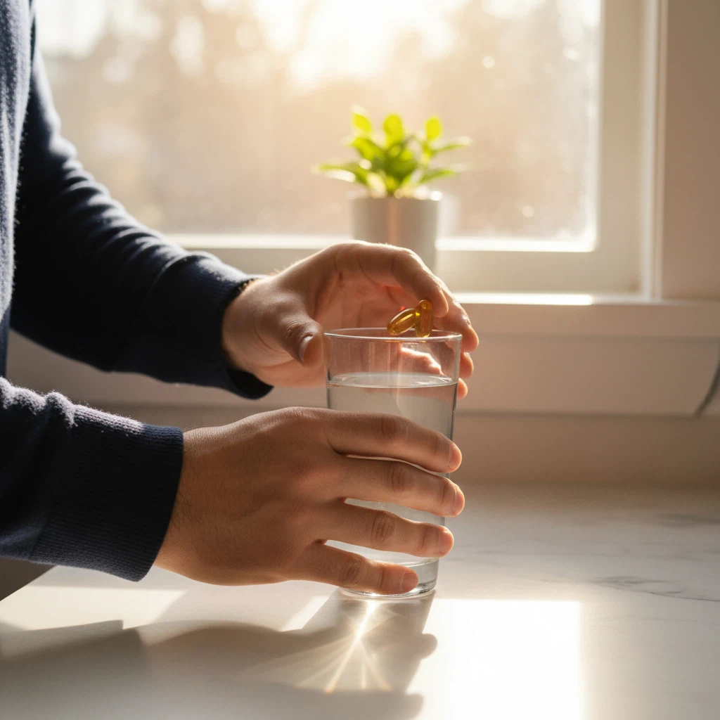 Man's hands holding a glass of water and two amber supplement capsules on a bright kitchen windowsill