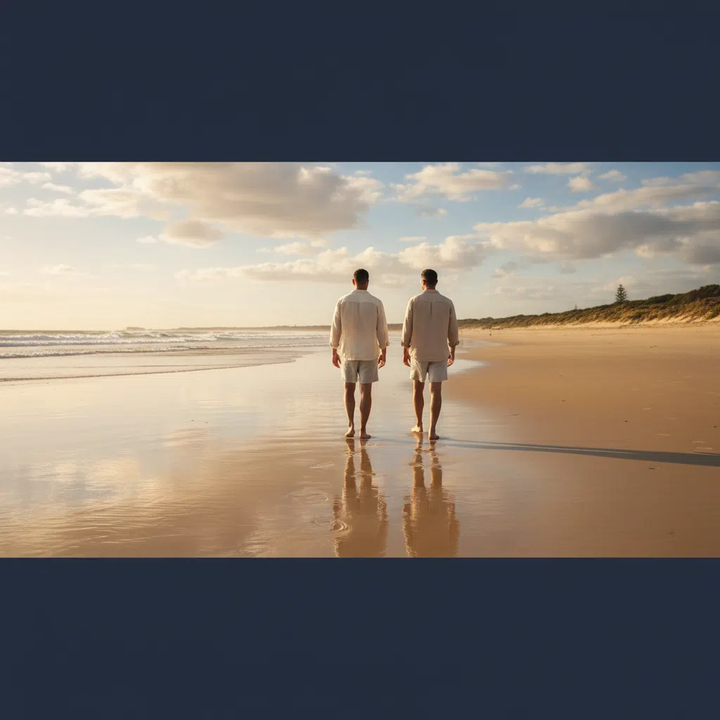 Two men walking along a sunny Australian beach - everyday active lifestyle