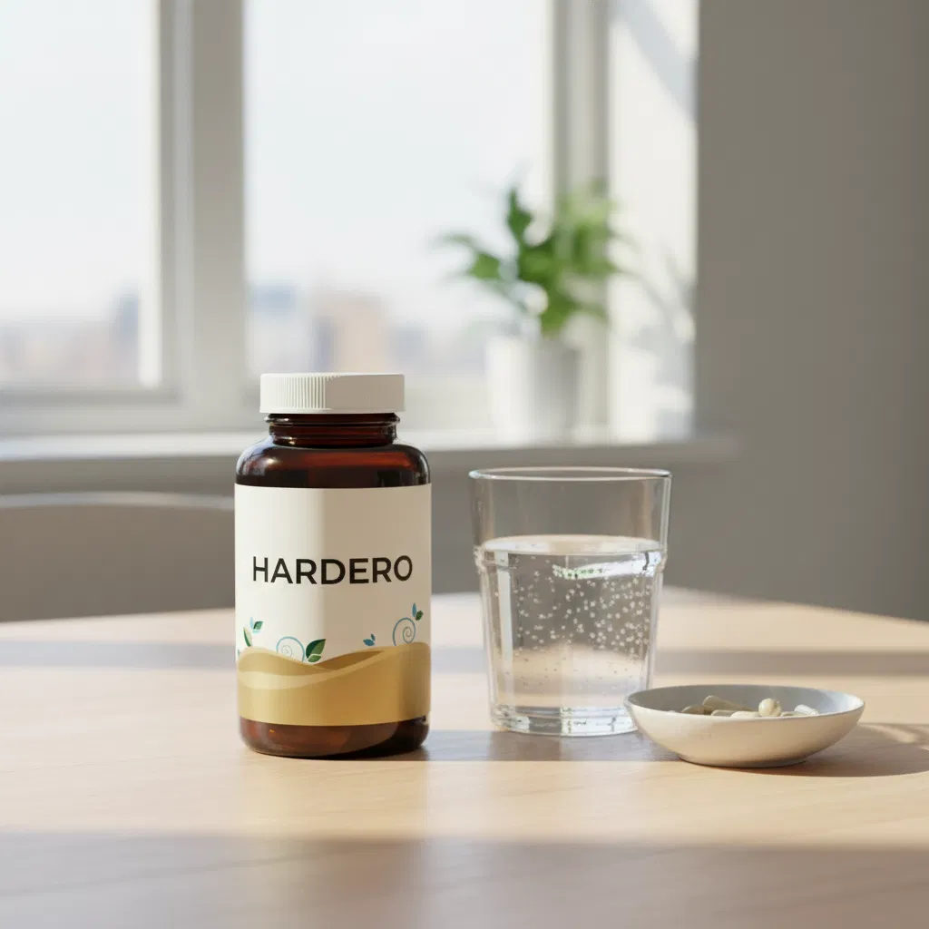 Hardero supplement bottle on timber surface with fenugreek seeds and capsules
